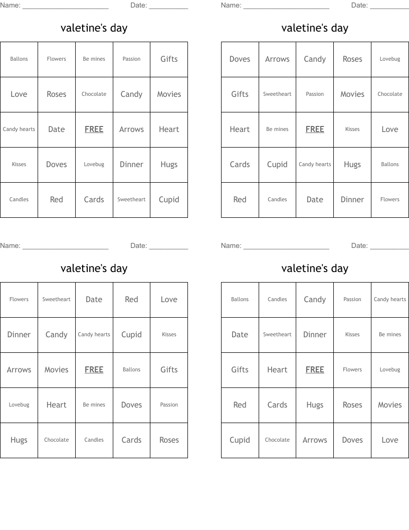 valetine's day  Bingo Cards