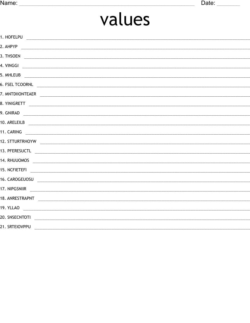 values Word Scramble