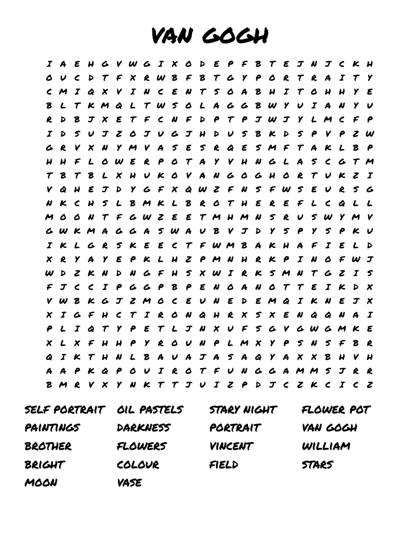 van gogh Word Search