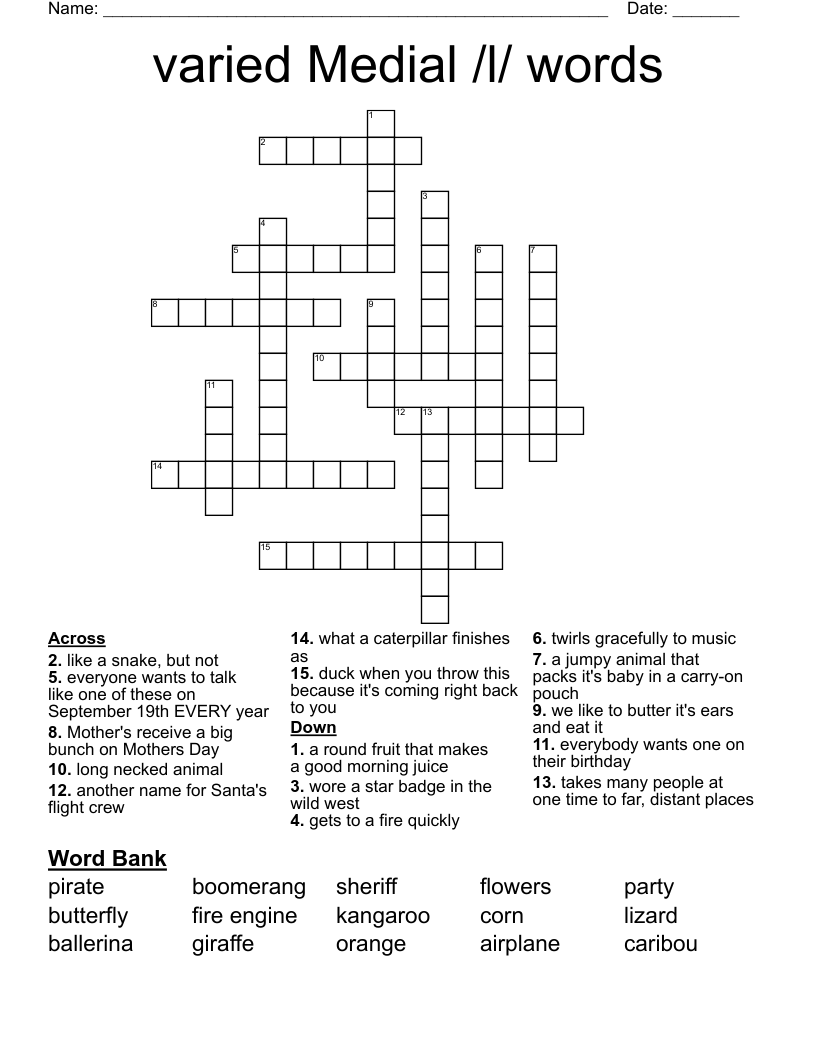 varied Medial /l/ words Crossword