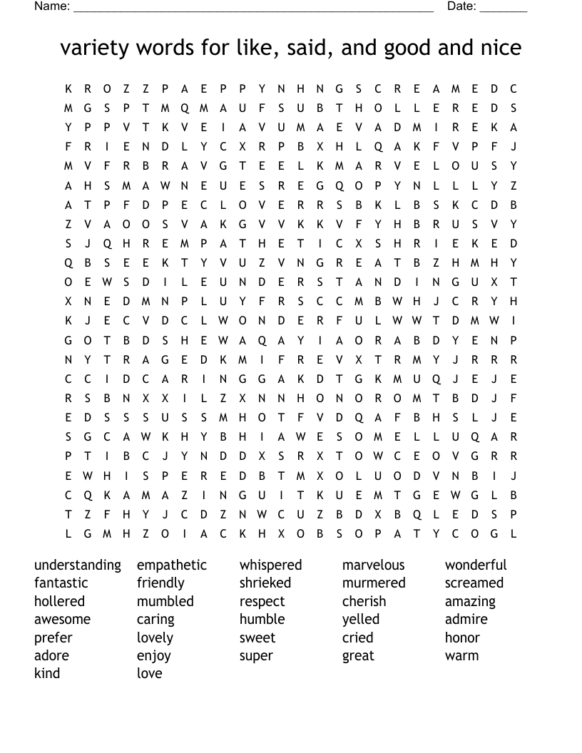variety words for like, said, and good and nice Word Search
