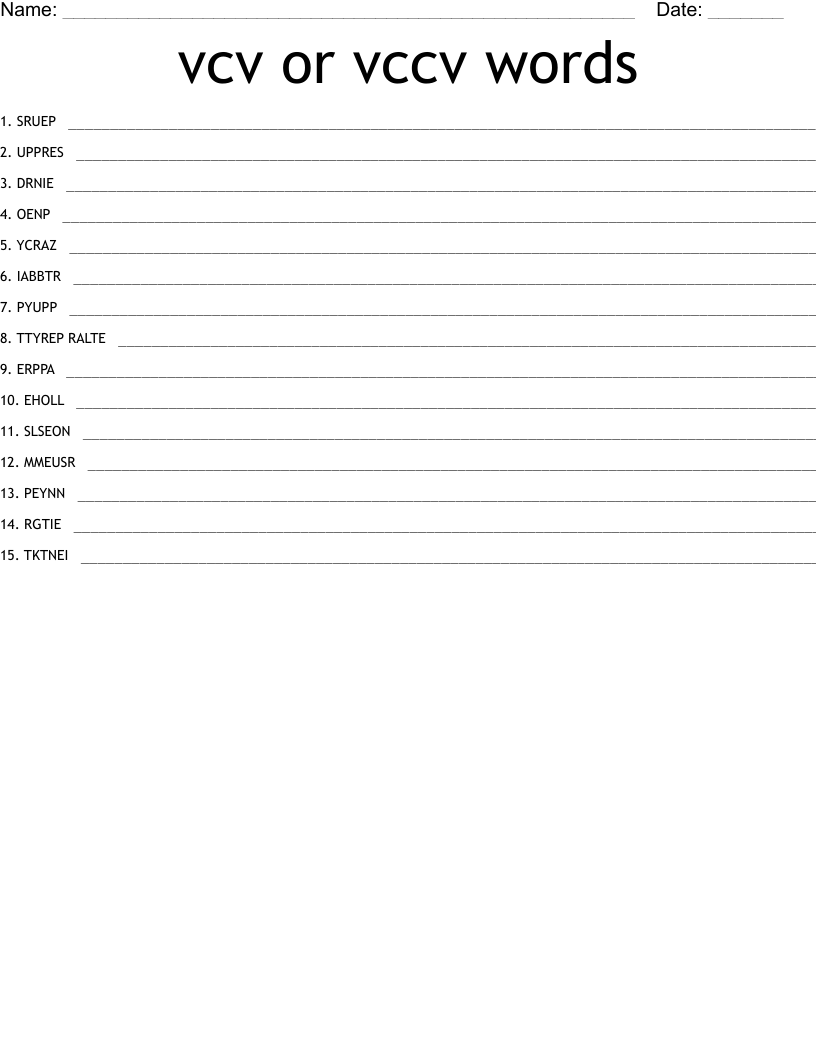 vcv or vccv words Word Scramble