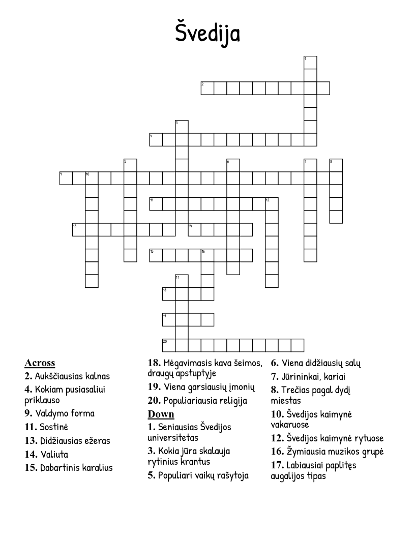 Švedija Crossword
