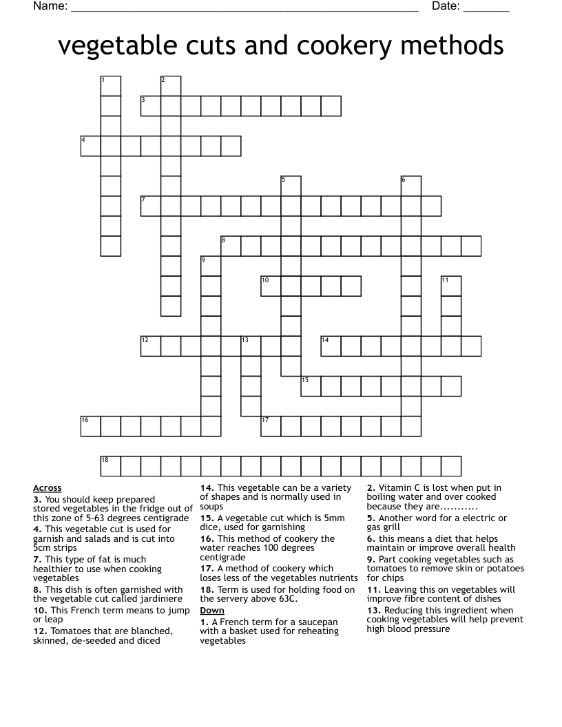 vegetable cuts and cookery methods Crossword
