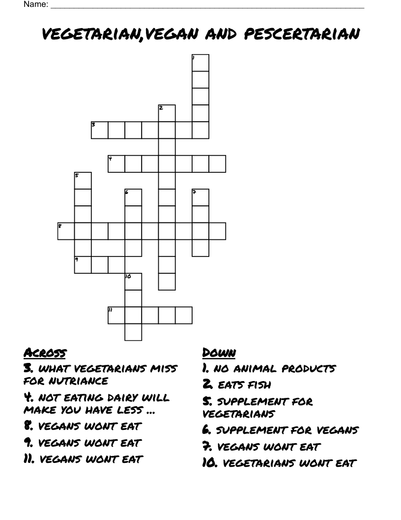 vegetarian,vegan and pescertarian Crossword