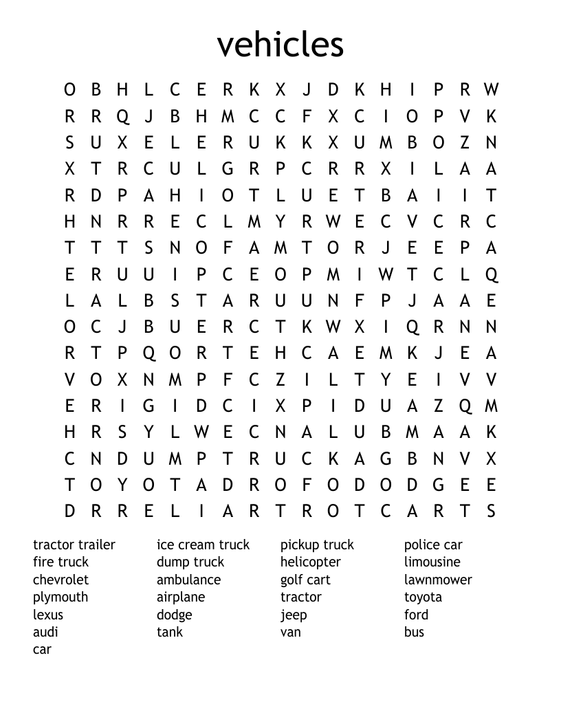 vehicles Word Search