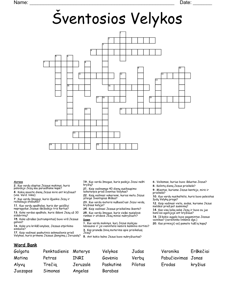 Šventosios Velykos Crossword