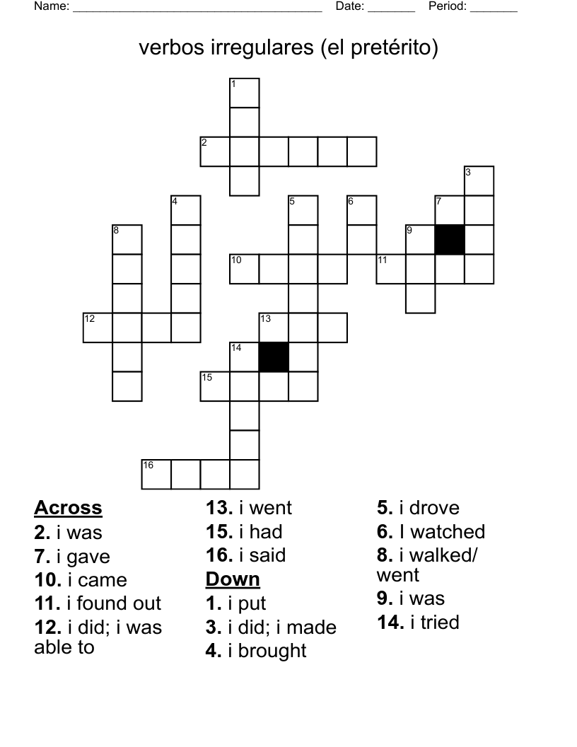 verbos irregulares (el pretérito)                           Crossword
