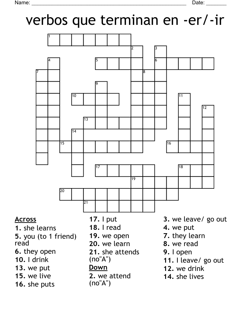 verbos que terminan en -er/-ir Crossword