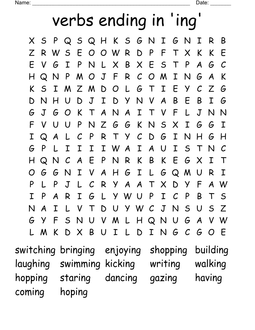 verbs ending in 'ing' Word Search