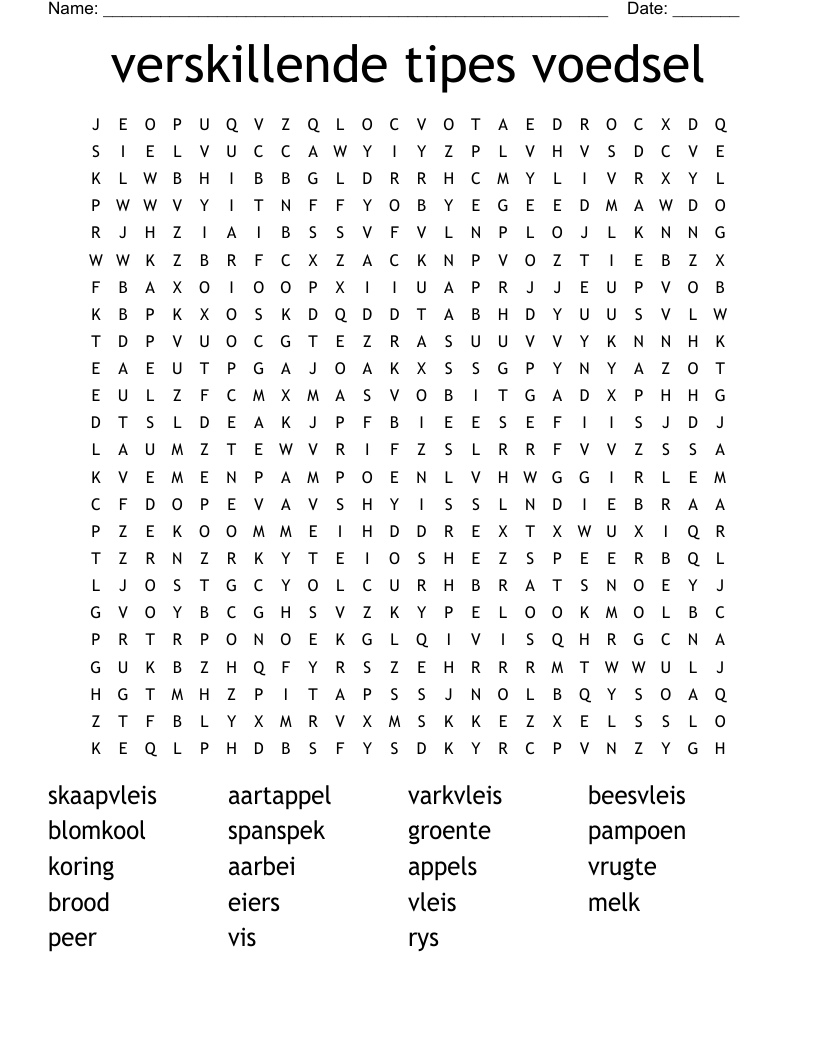 verskillende tipes voedsel Word Search