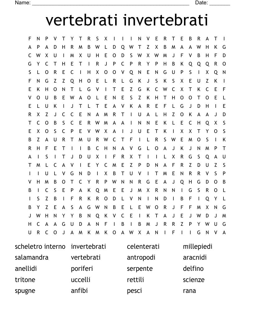 vertebrati invertebrati Word Search