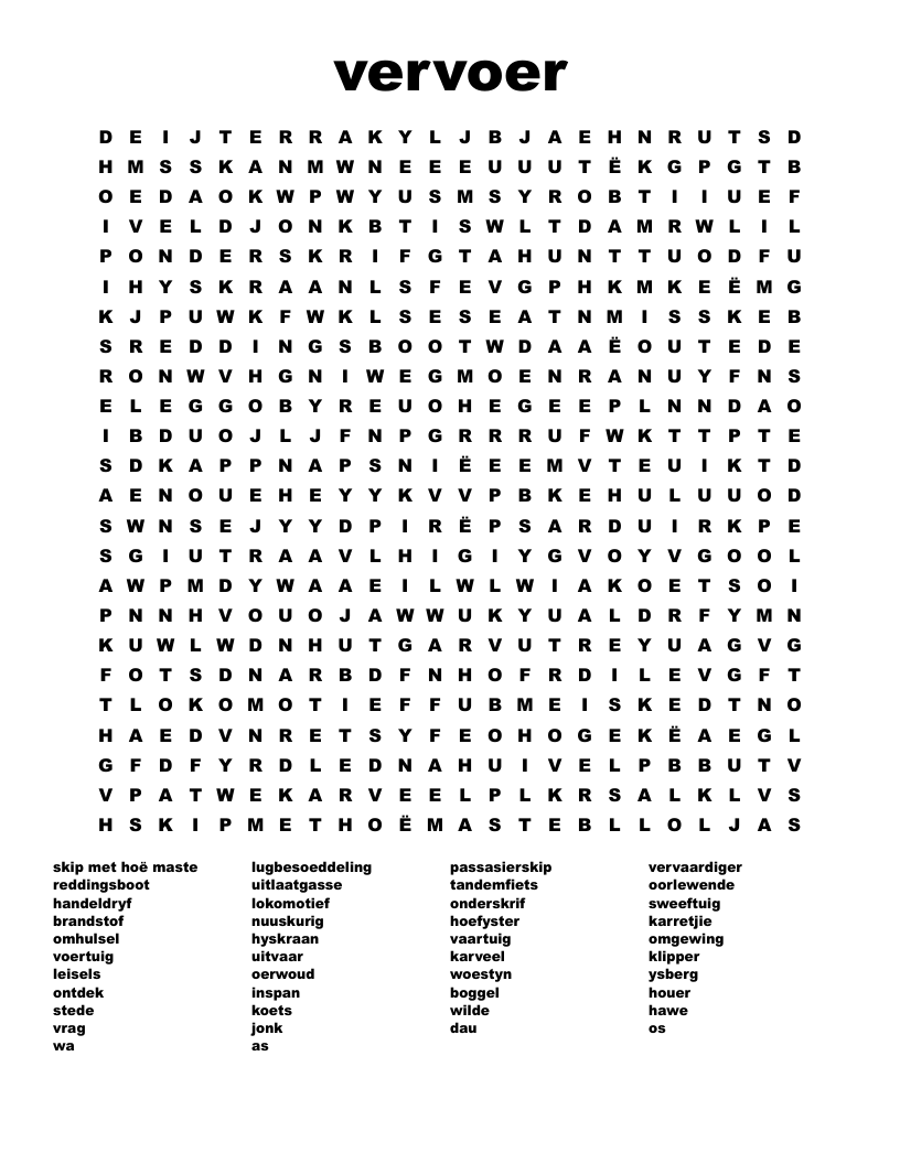 vervoer Word Search