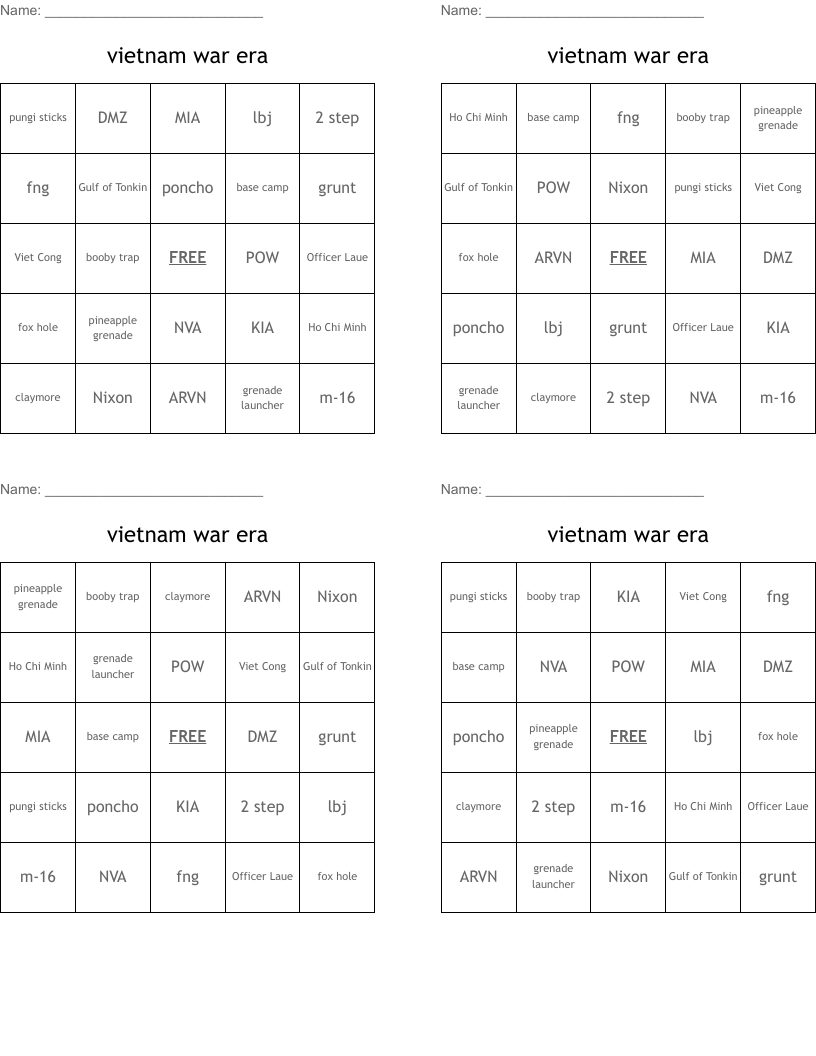 vietnam war era Bingo Cards