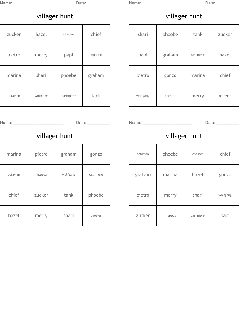 villager hunt Bingo Cards
