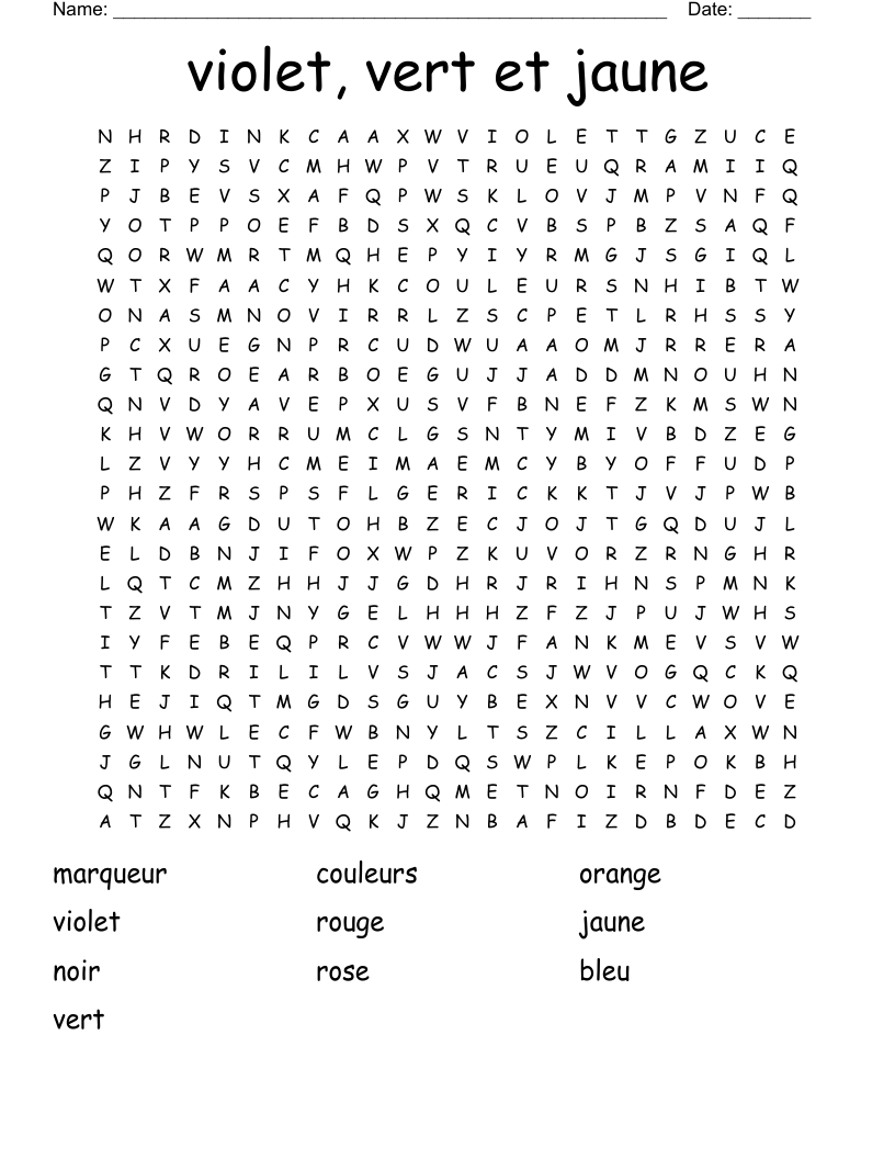 violet, vert et jaune Word Search