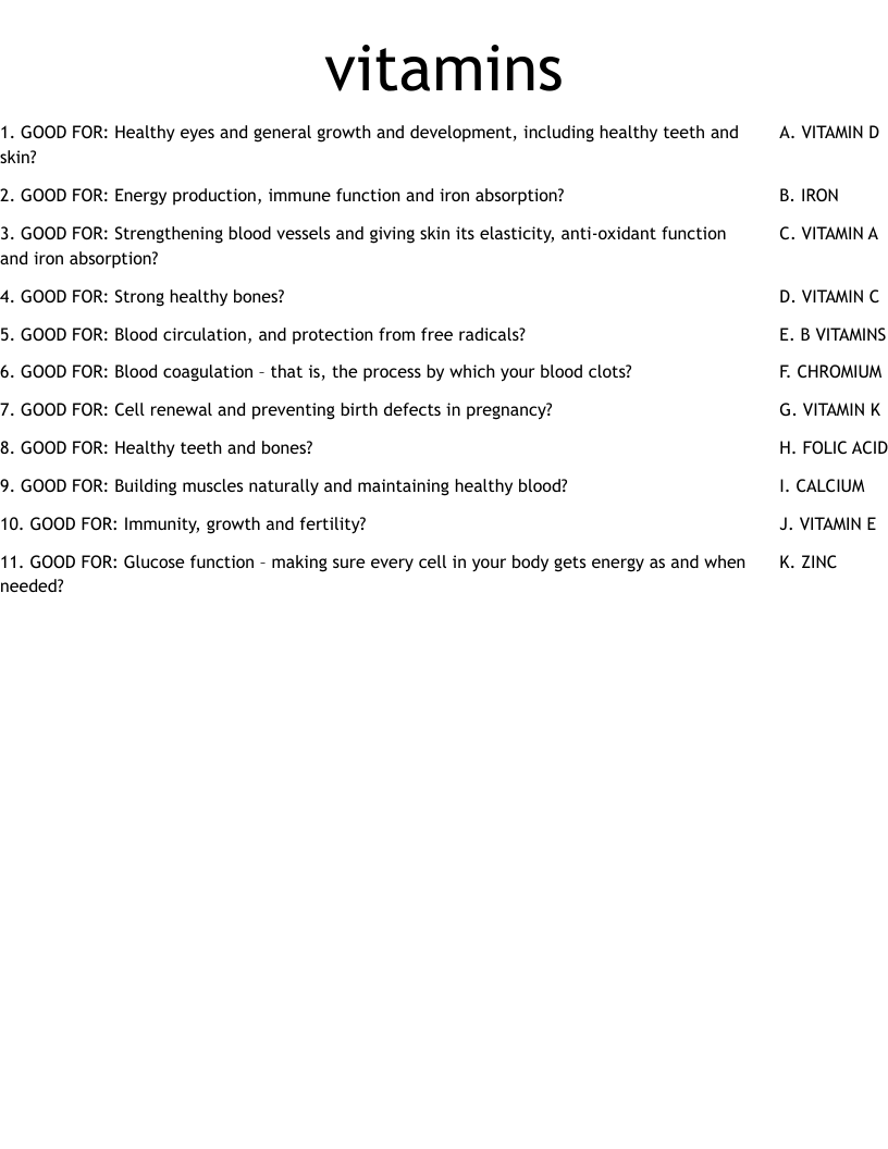 vitamins Worksheet