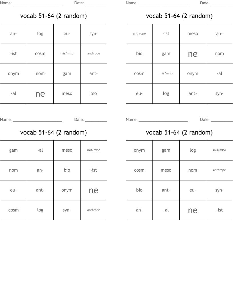 vocab 51-64 (2 random) Bingo Cards