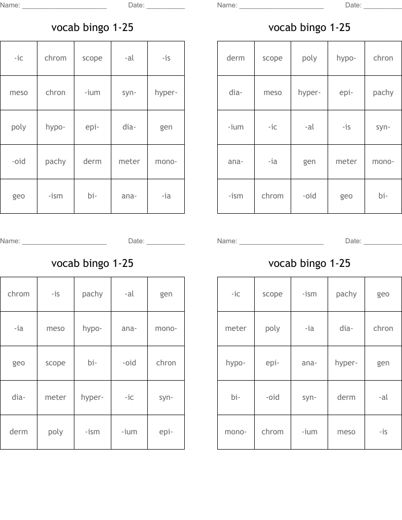 vocab bingo 1-25