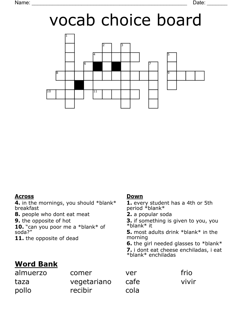 vocab choice board Crossword