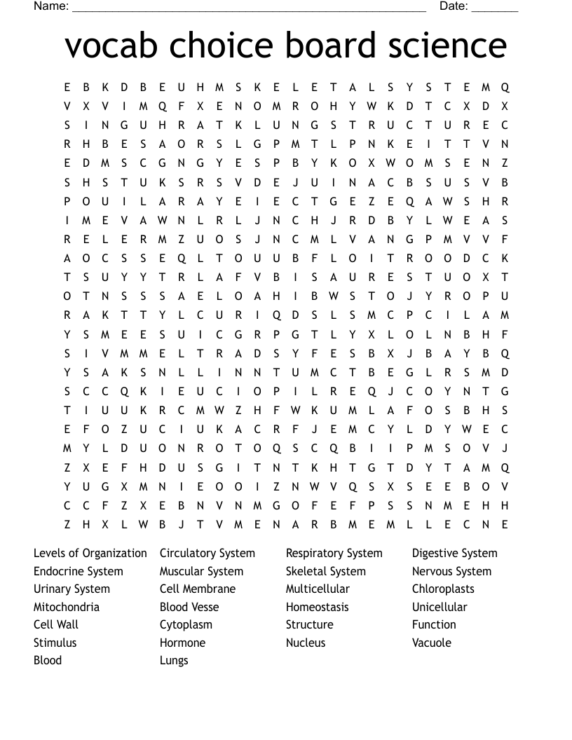 vocab choice board science Word Search