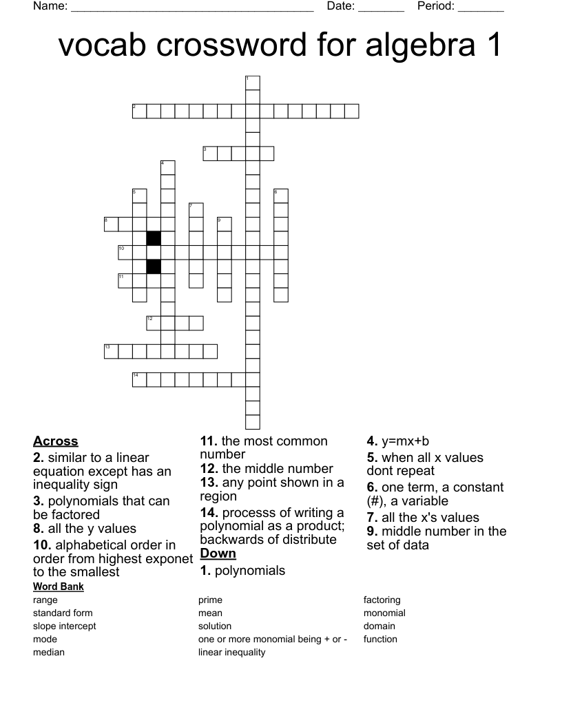 vocab crossword for algebra 1