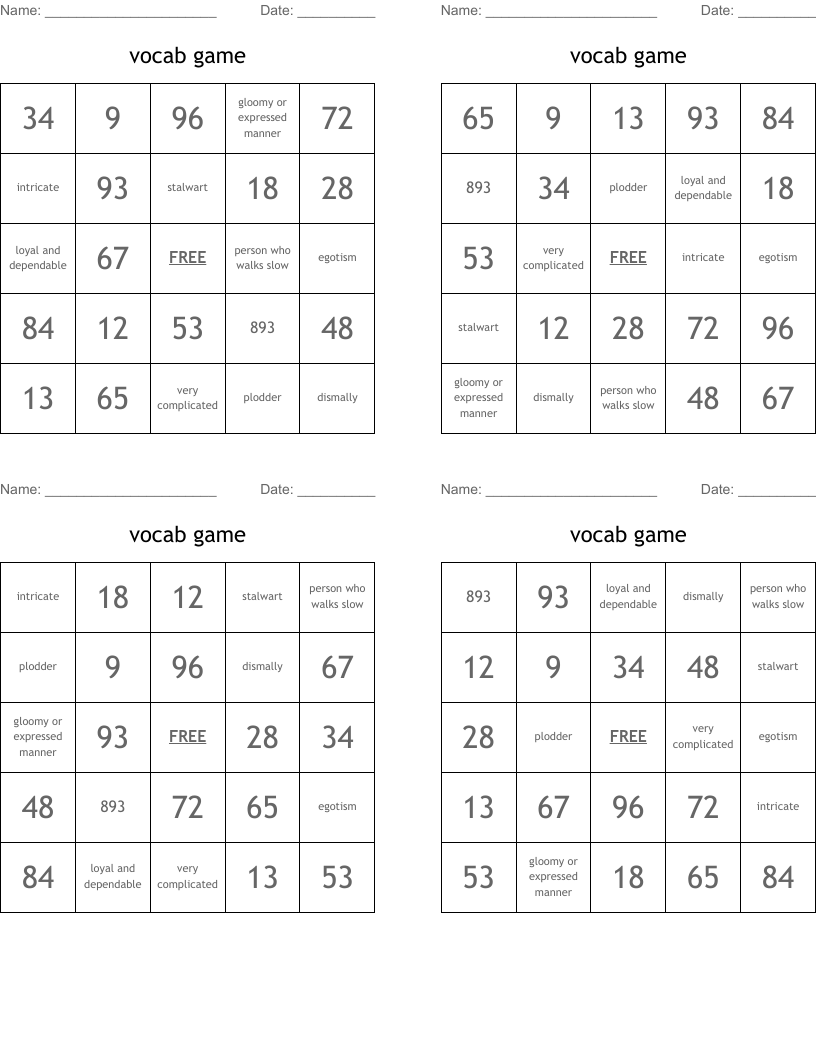 vocab game Bingo Cards