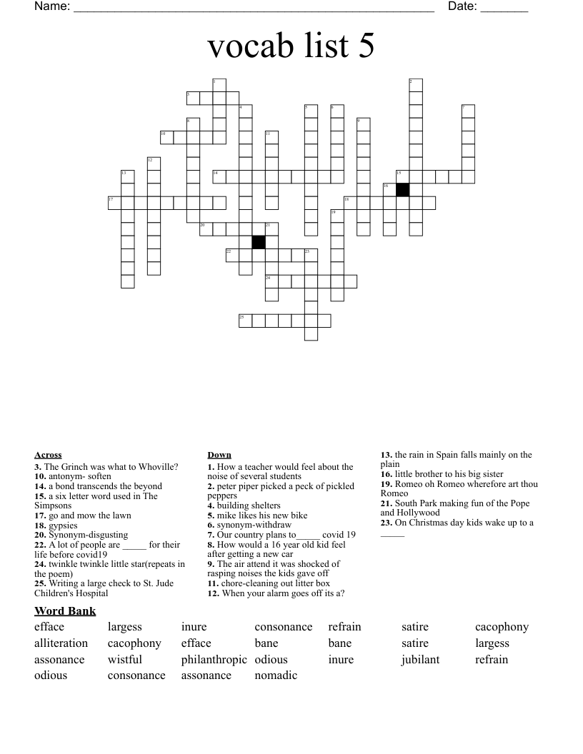 vocab list 5 Crossword