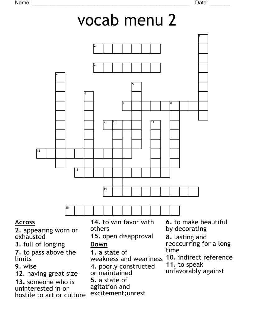 vocab menu 2 Crossword