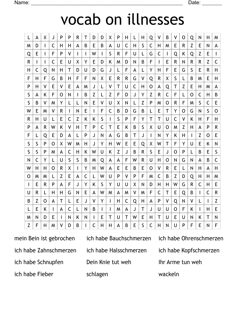 vocab on illnesses Word Search
