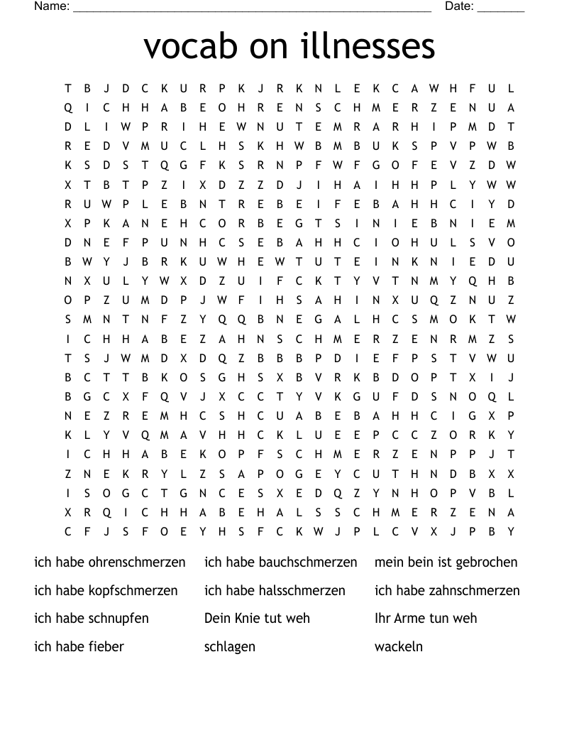 vocab on illnesses Word Search