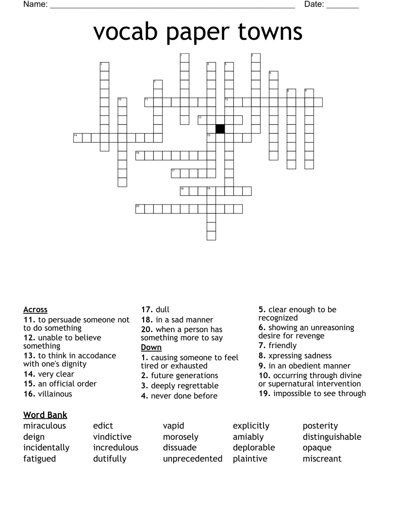 vocab paper towns Crossword