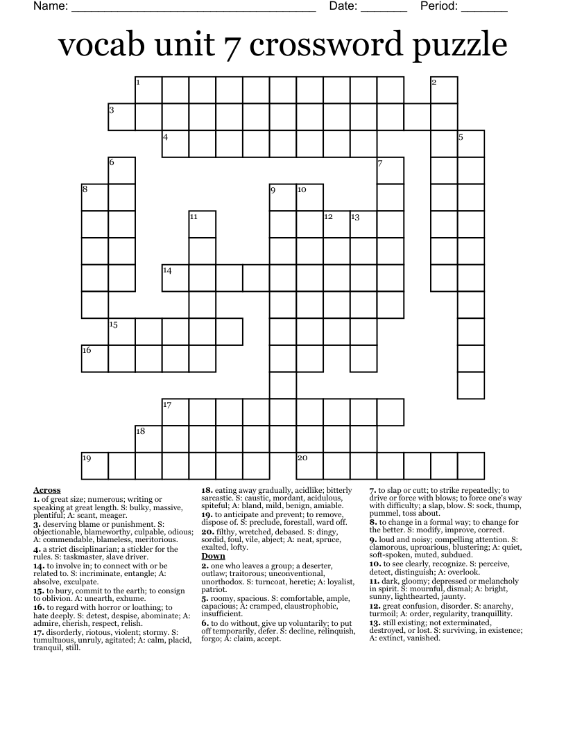 vocab unit 7 crossword puzzle