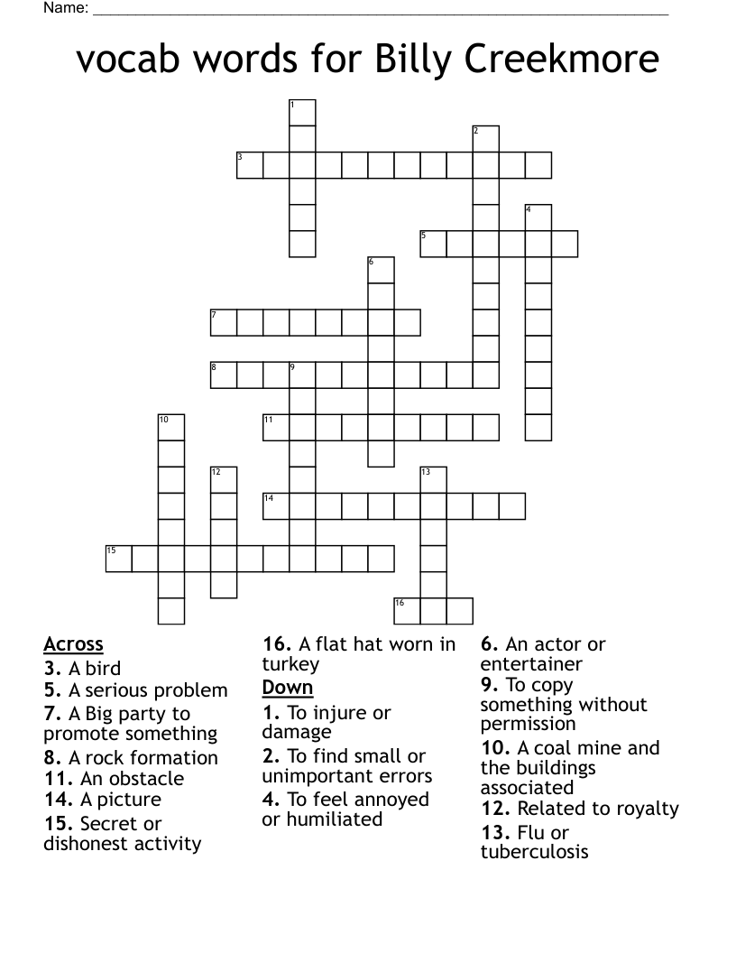 vocab words for Billy Creekmore Crossword