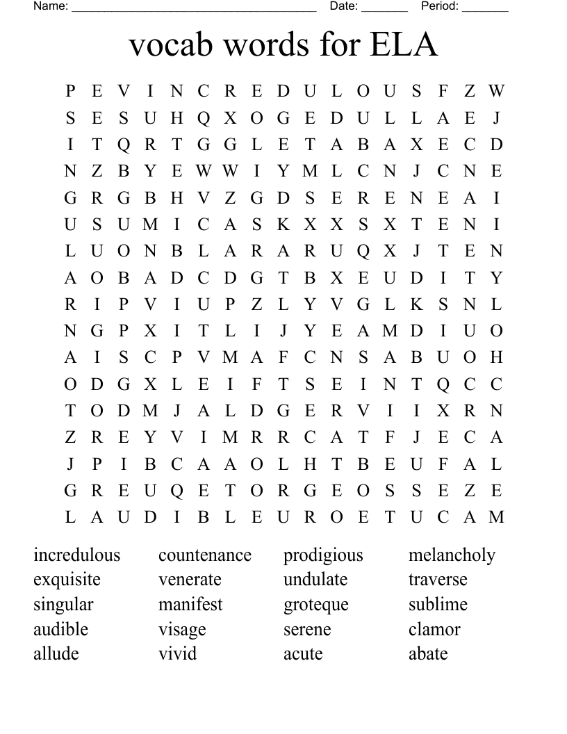 vocab words for ELA Word Search