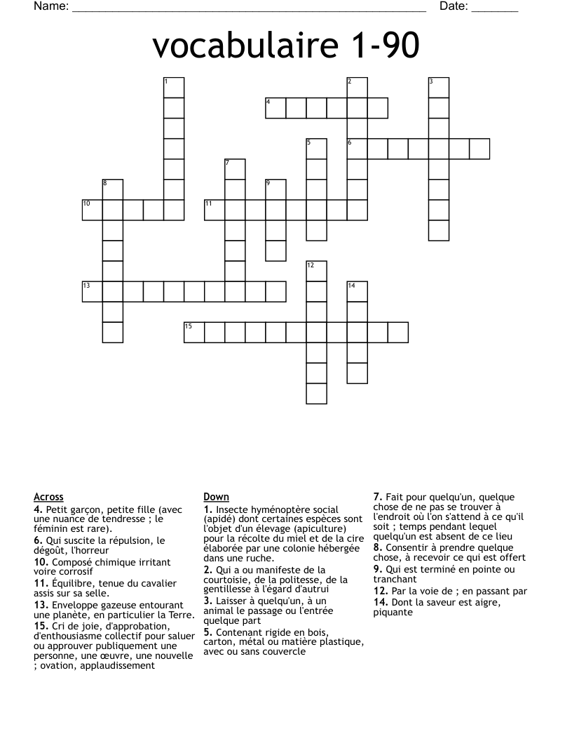 vocabulaire 1-90 Crossword