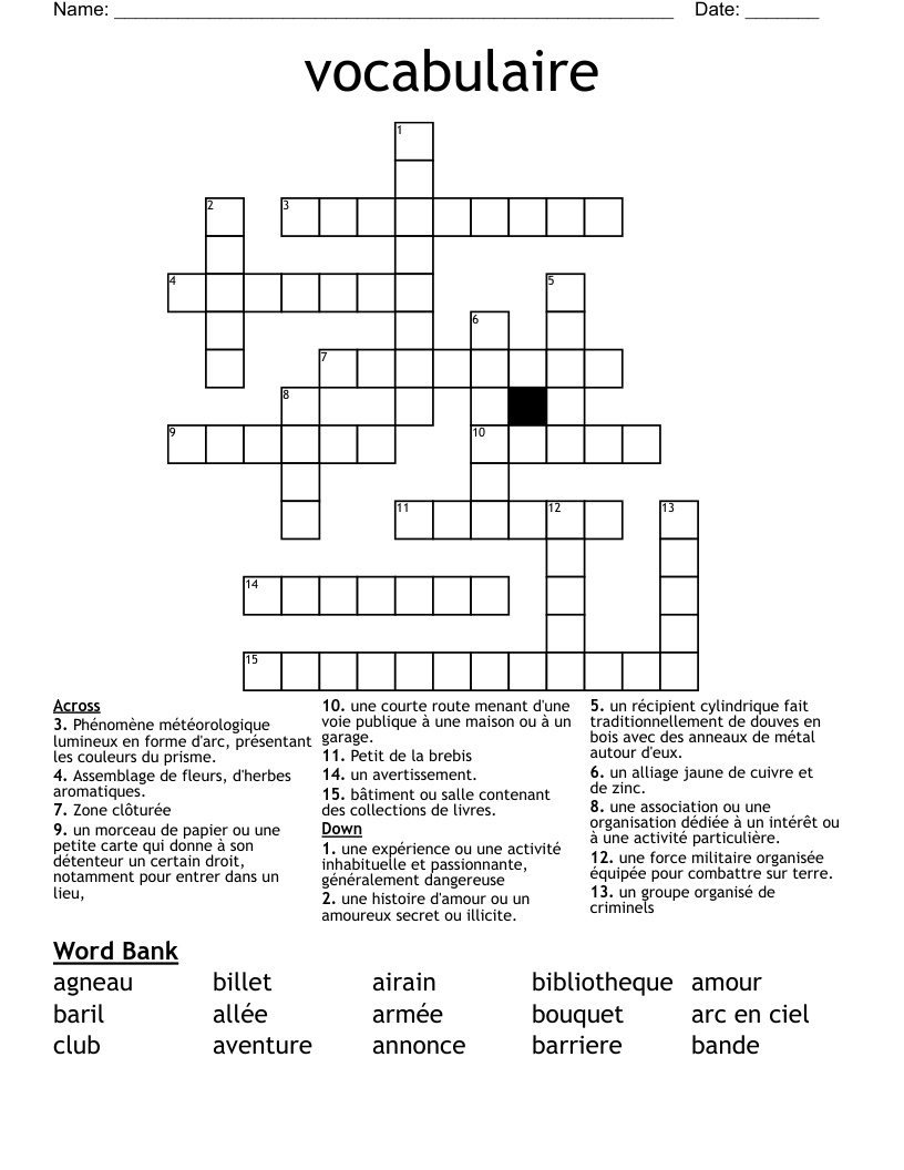 vocabulaire  Crossword