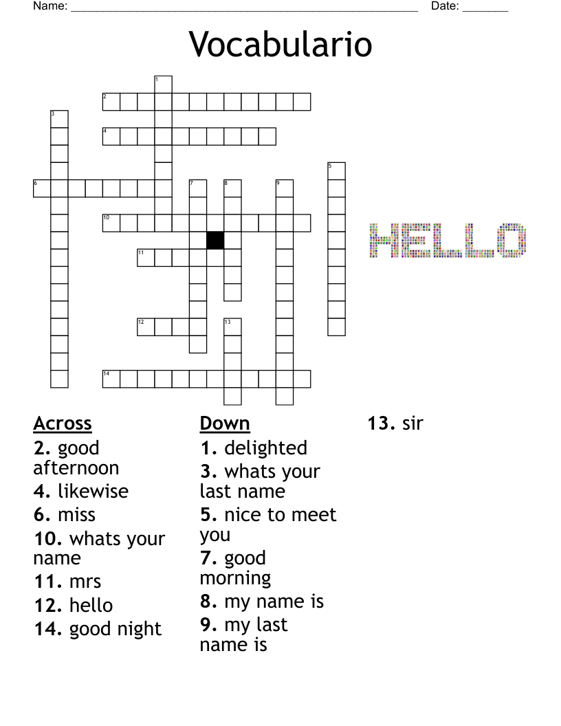 Vocabulario Crossword