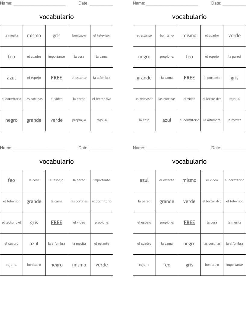 vocabulario Bingo Cards