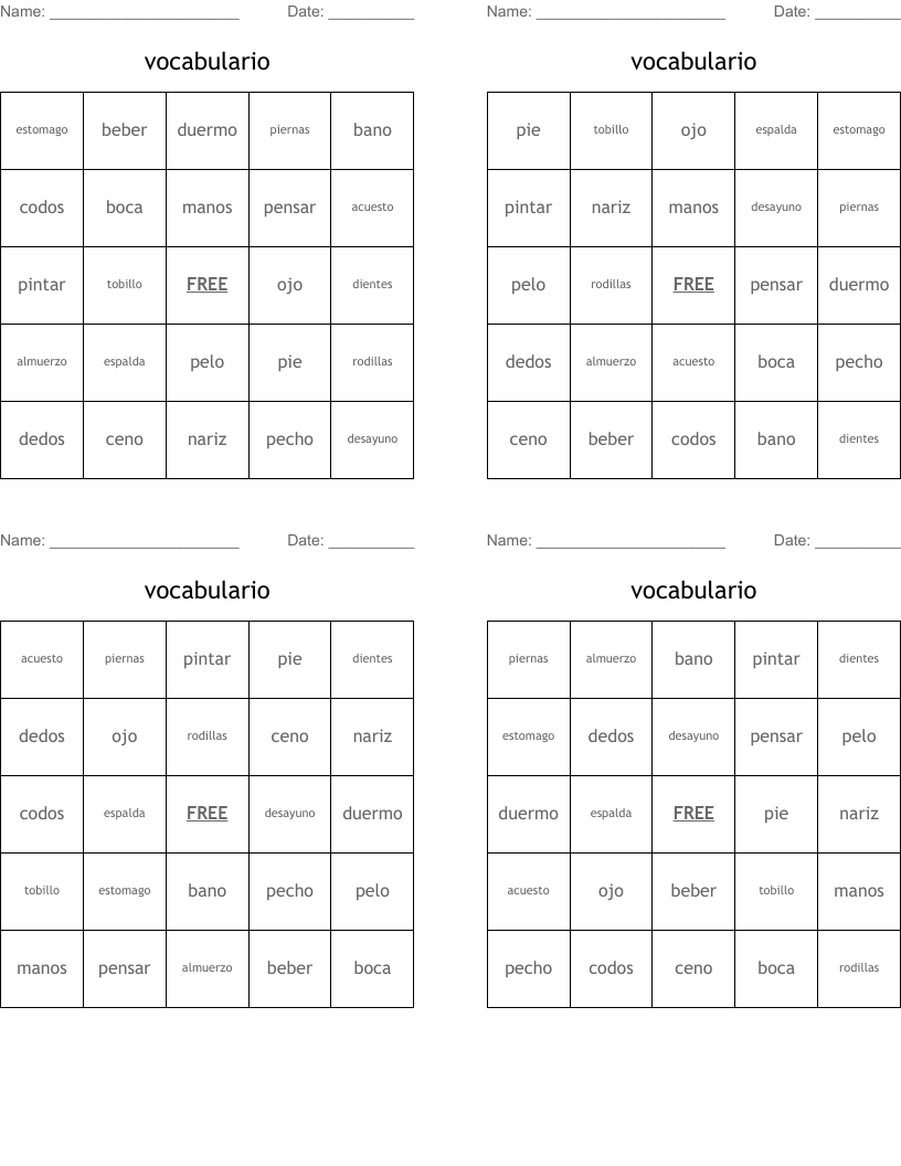 vocabulario Bingo Cards