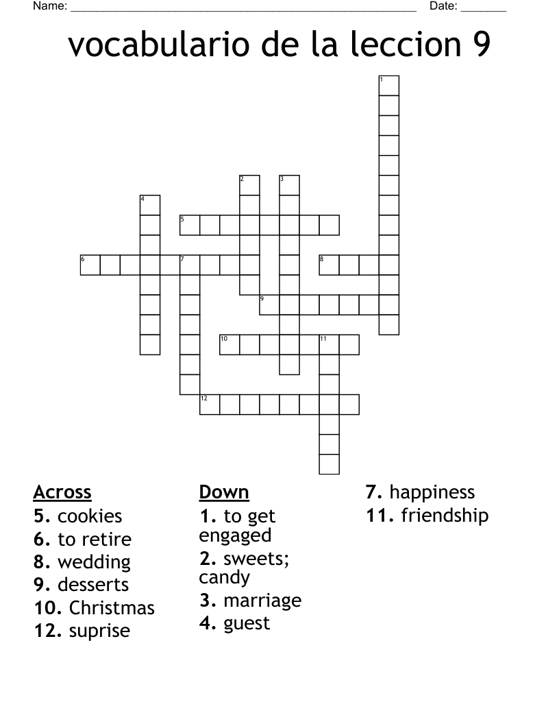 vocabulario de la leccion 9 Crossword