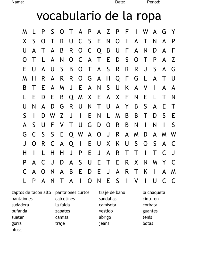 vocabulario de la ropa Word Search