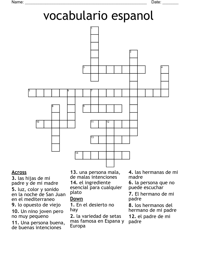 vocabulario espanol Crossword