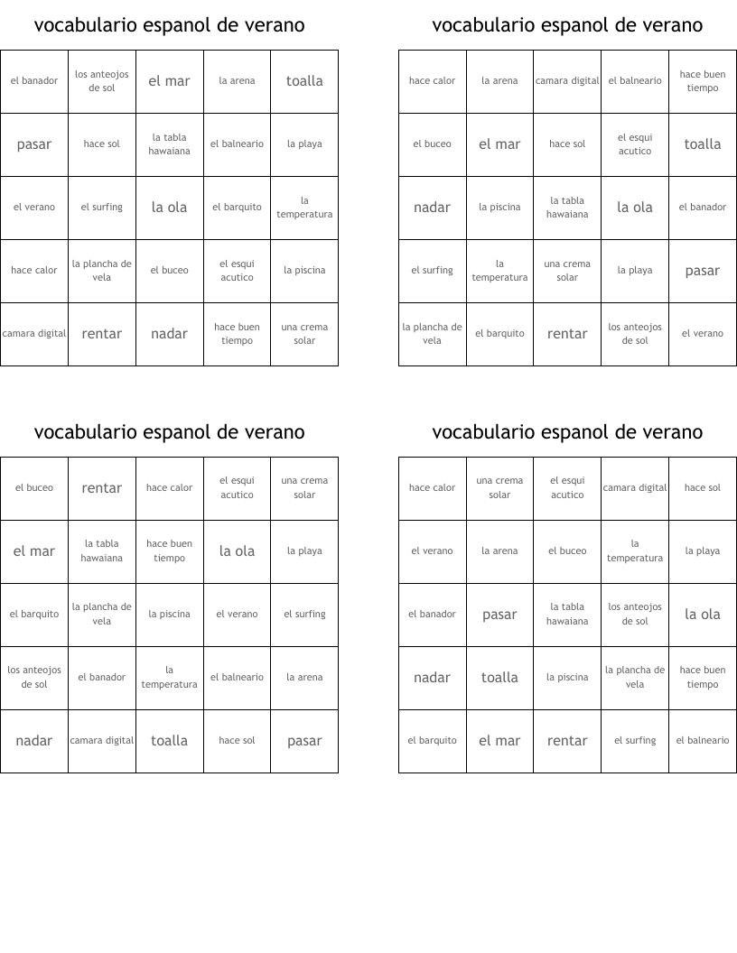 vocabulario espanol de verano Bingo Cards