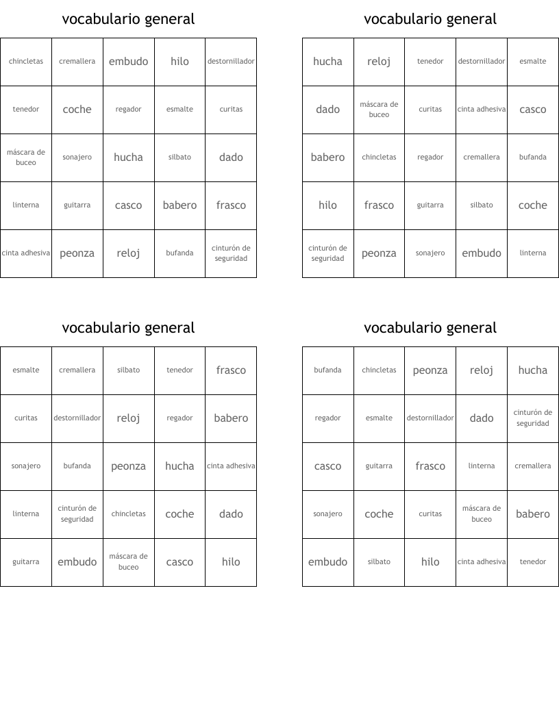 vocabulario general Bingo Cards