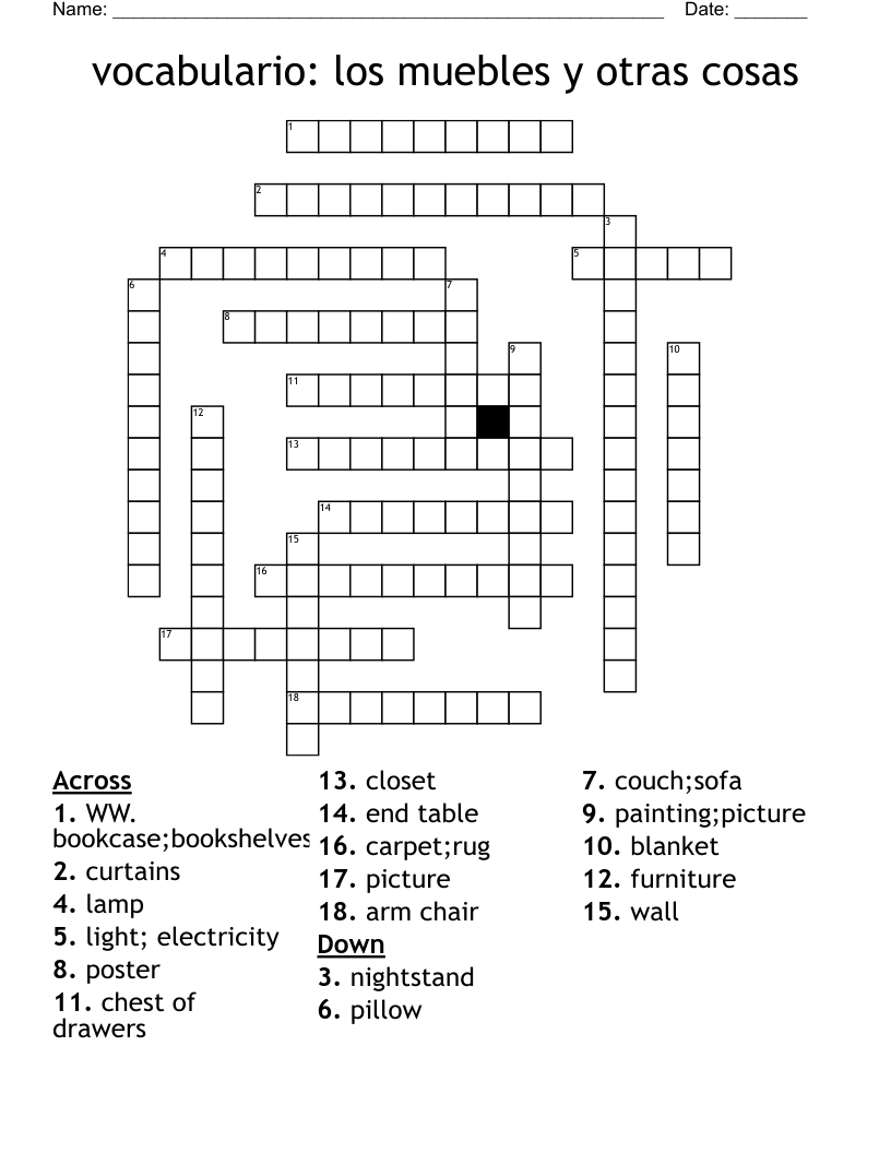 vocabulario: los muebles y otras cosas Crossword