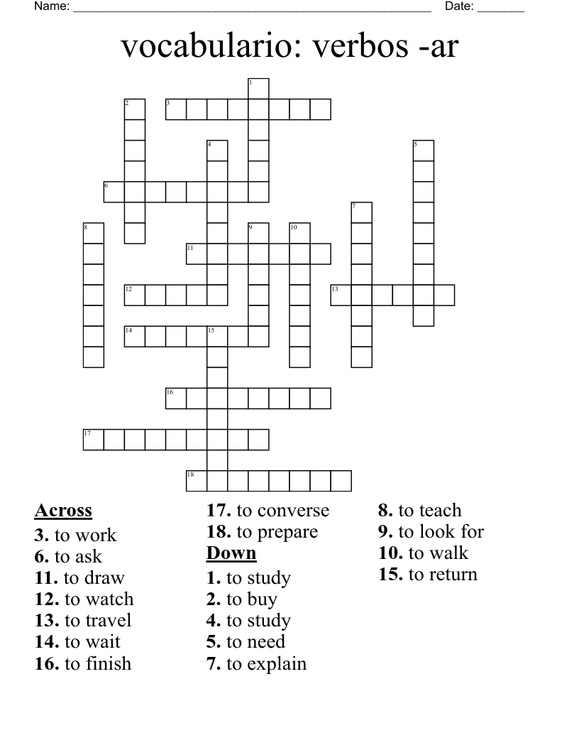 vocabulario: verbos -ar Crossword