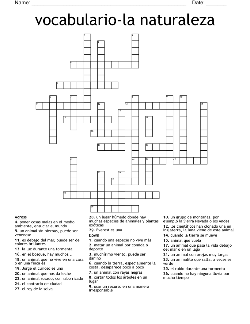 vocabulario-la naturaleza Crossword