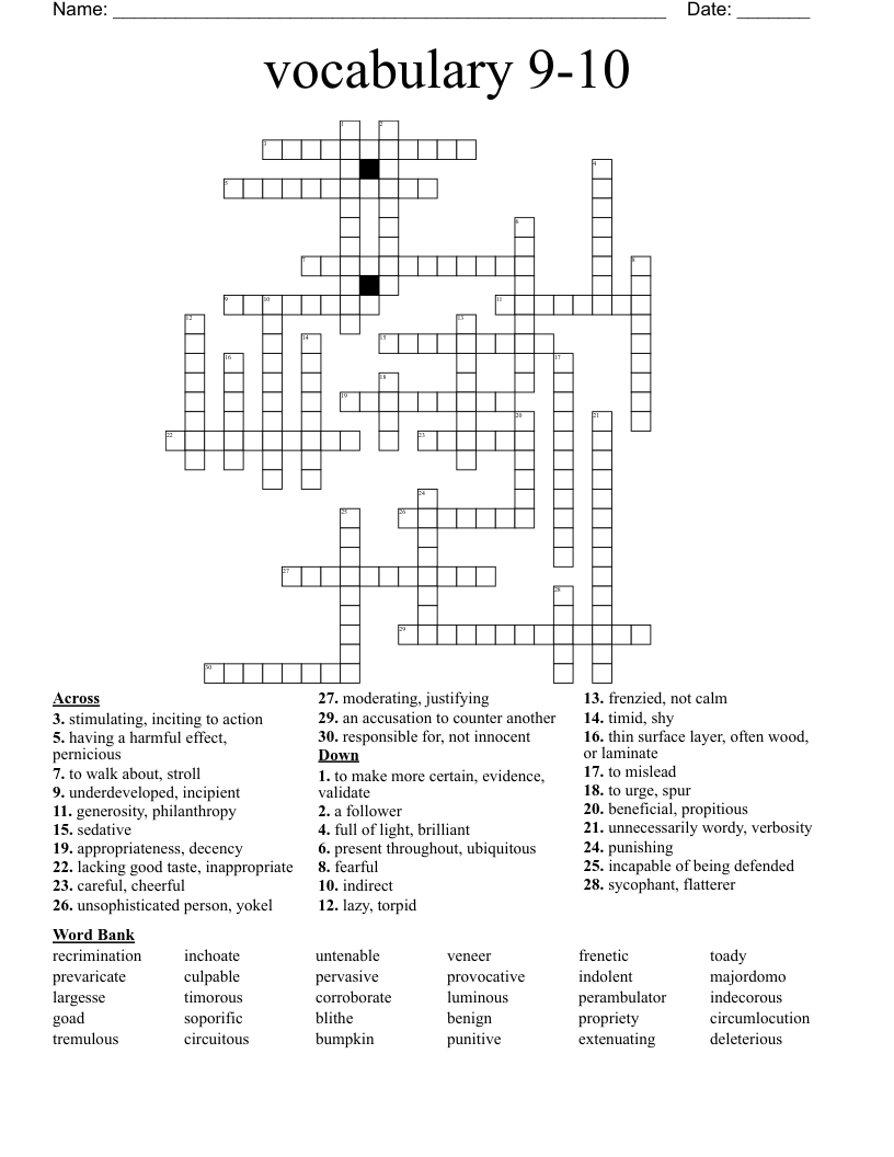 vocabulary 9-10 Crossword