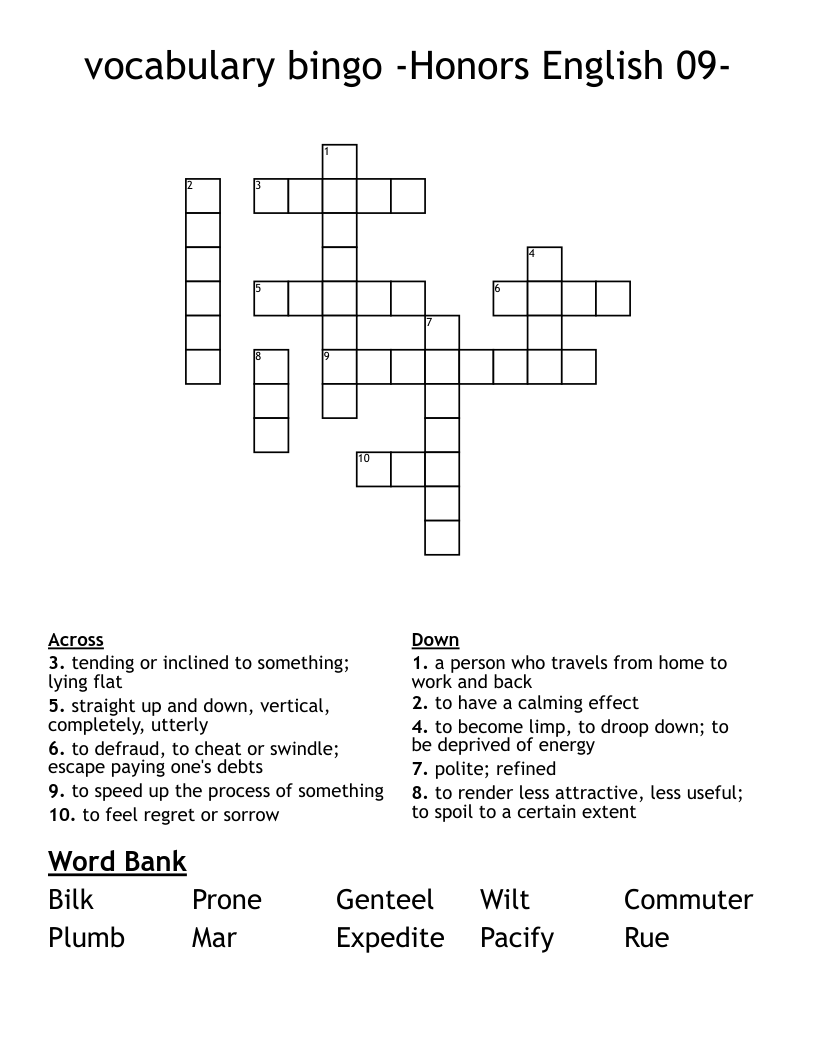 vocabulary bingo -Honors English 09- Crossword